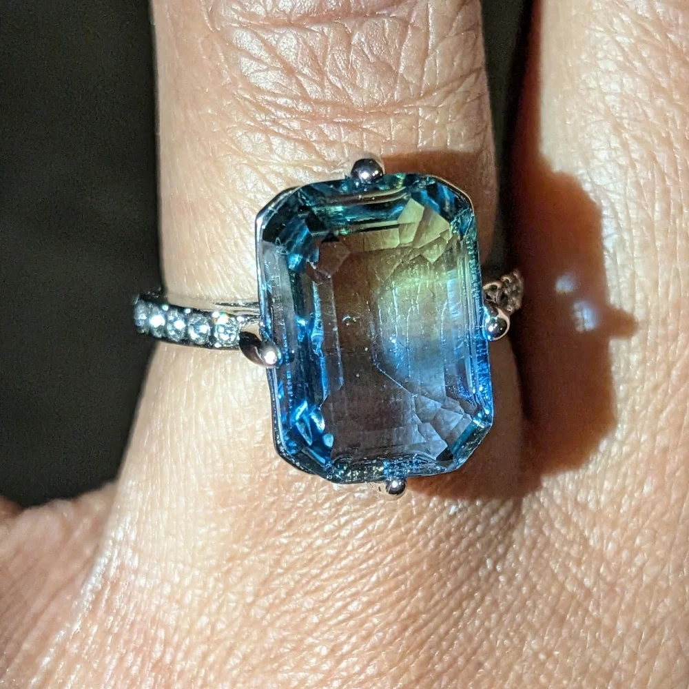 Blue/Green Tourmaline Ring, 14K White Gold Plated Double Color Gemstone Sz 6